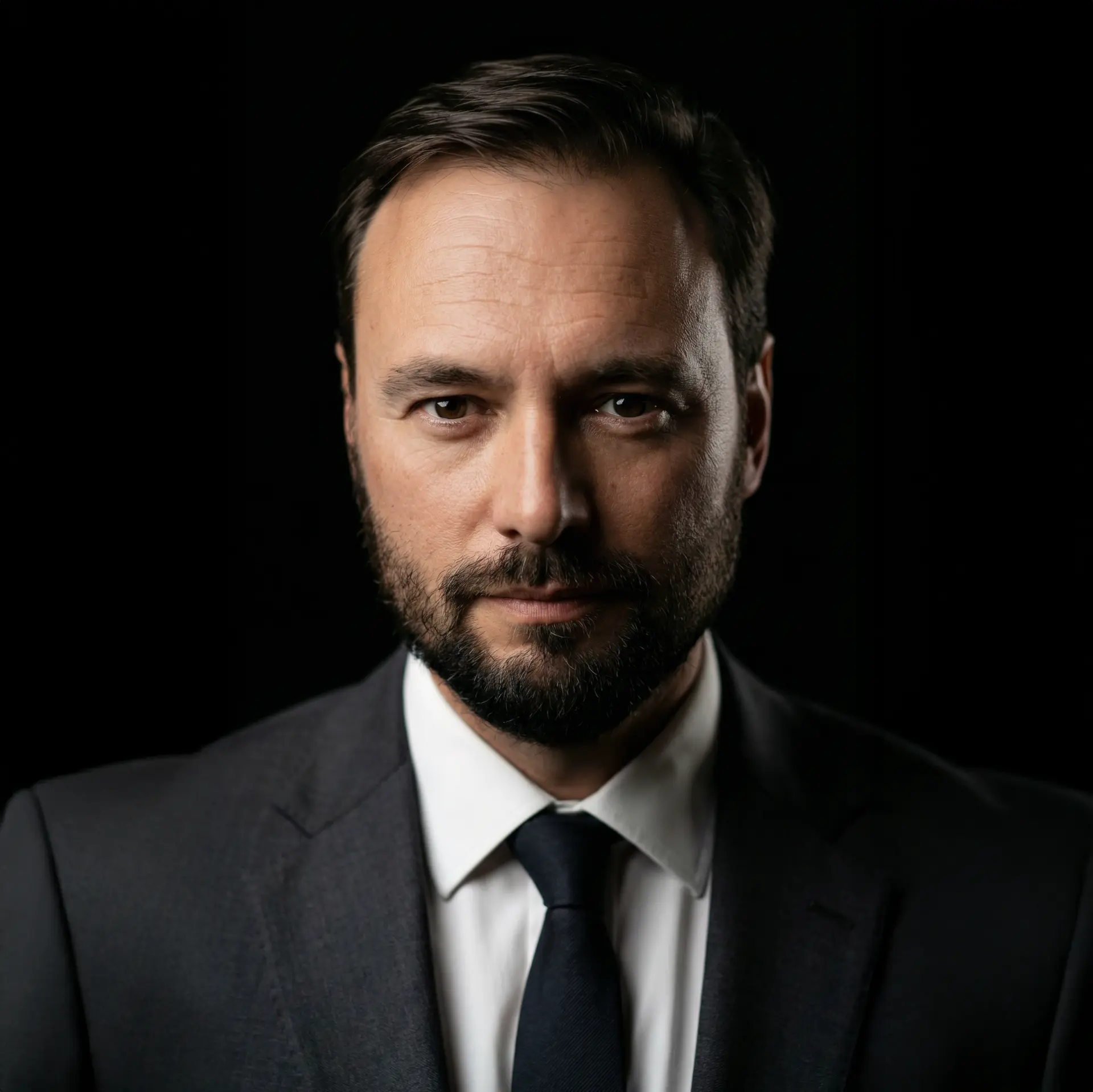 Man in a dark suit and tie against a black backdrop