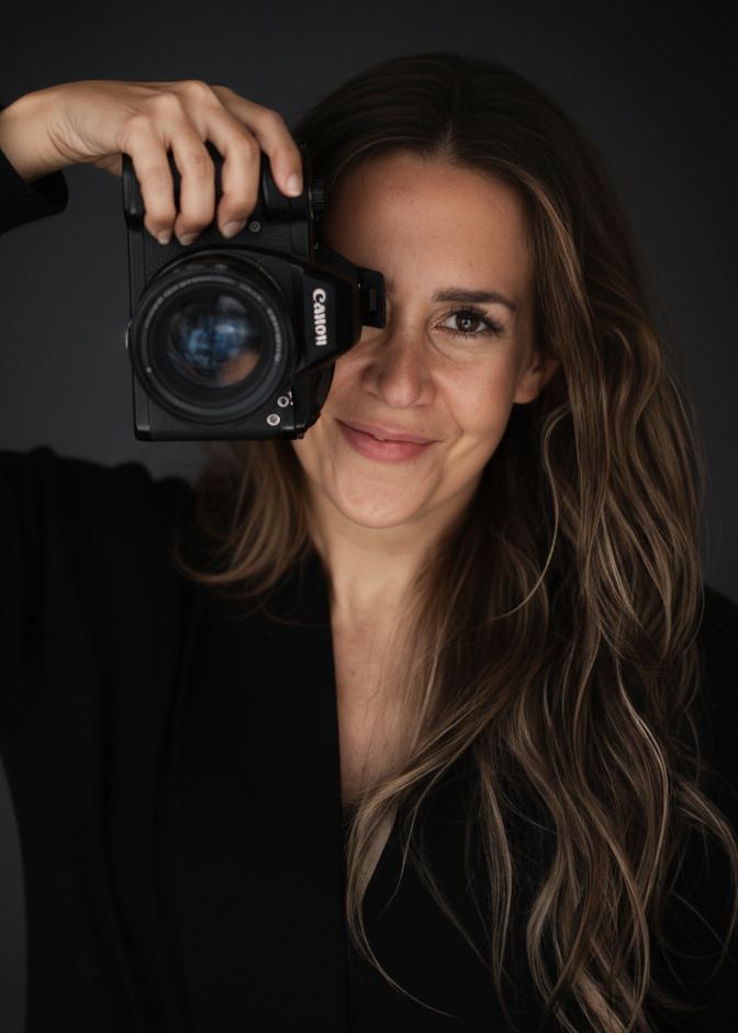 Isabel Lenis holding her camera to one eye