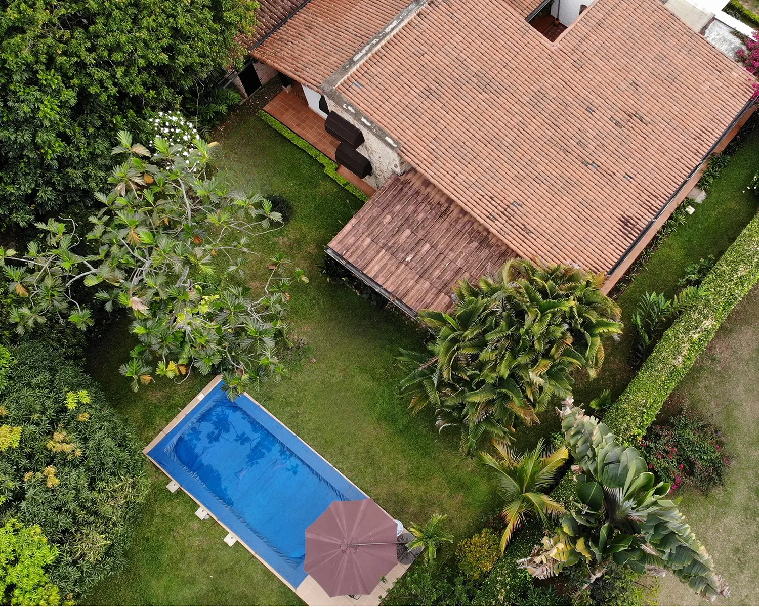 Aerial view over the tiled roofs, lawn and swimming pool