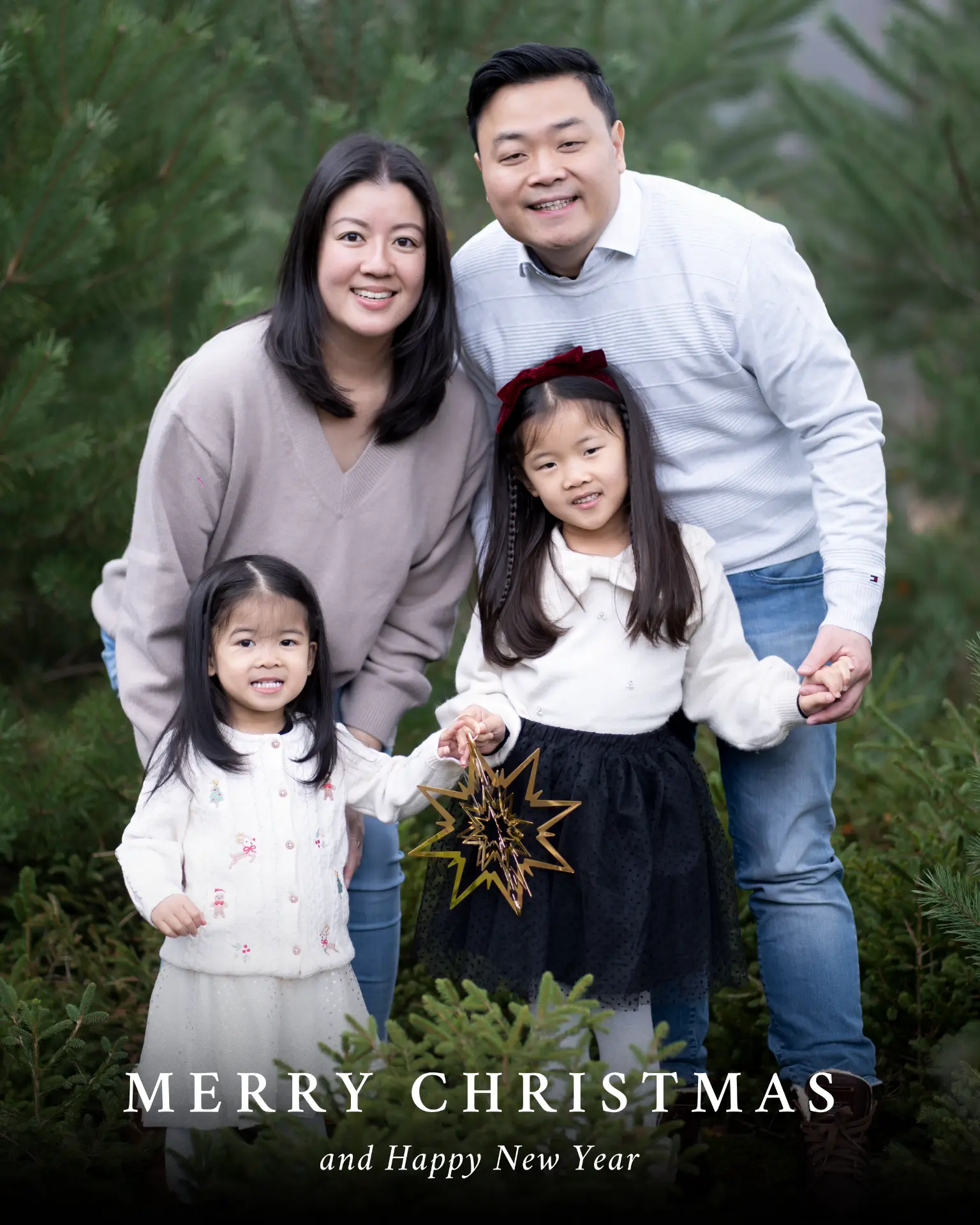 Family Christmas portrait among pine trees with a golden star