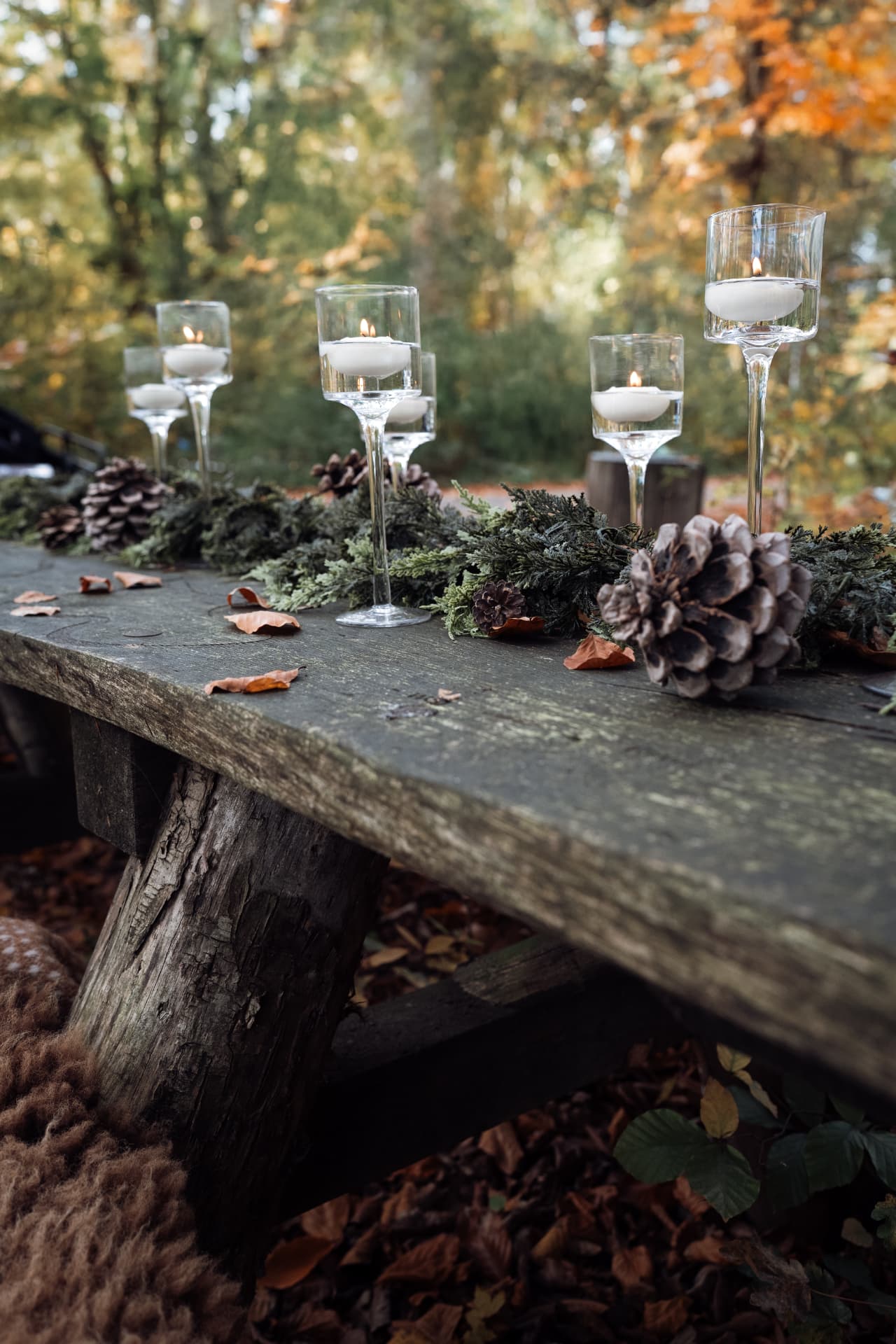 Candlelit autumn tea table in the woods