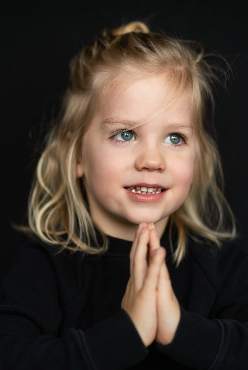 Young blonde girl in black with clasped hands against a dark backdrop